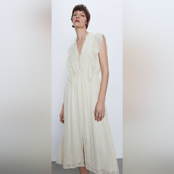 Zara Dresses & Skirts - Zara Cream Midi Dress with Ruffle Details